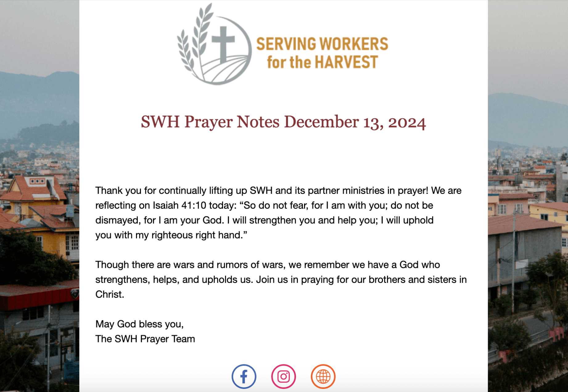 Sign up for our bi-weekly prayer letters above.